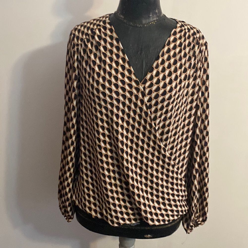 INC Black/Brown/White geometric print top.  size M